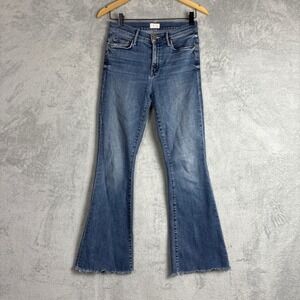 Mother The Weekender Fray Groovin' High Rise Flare Jeans Blue Size 26 Raw Hem